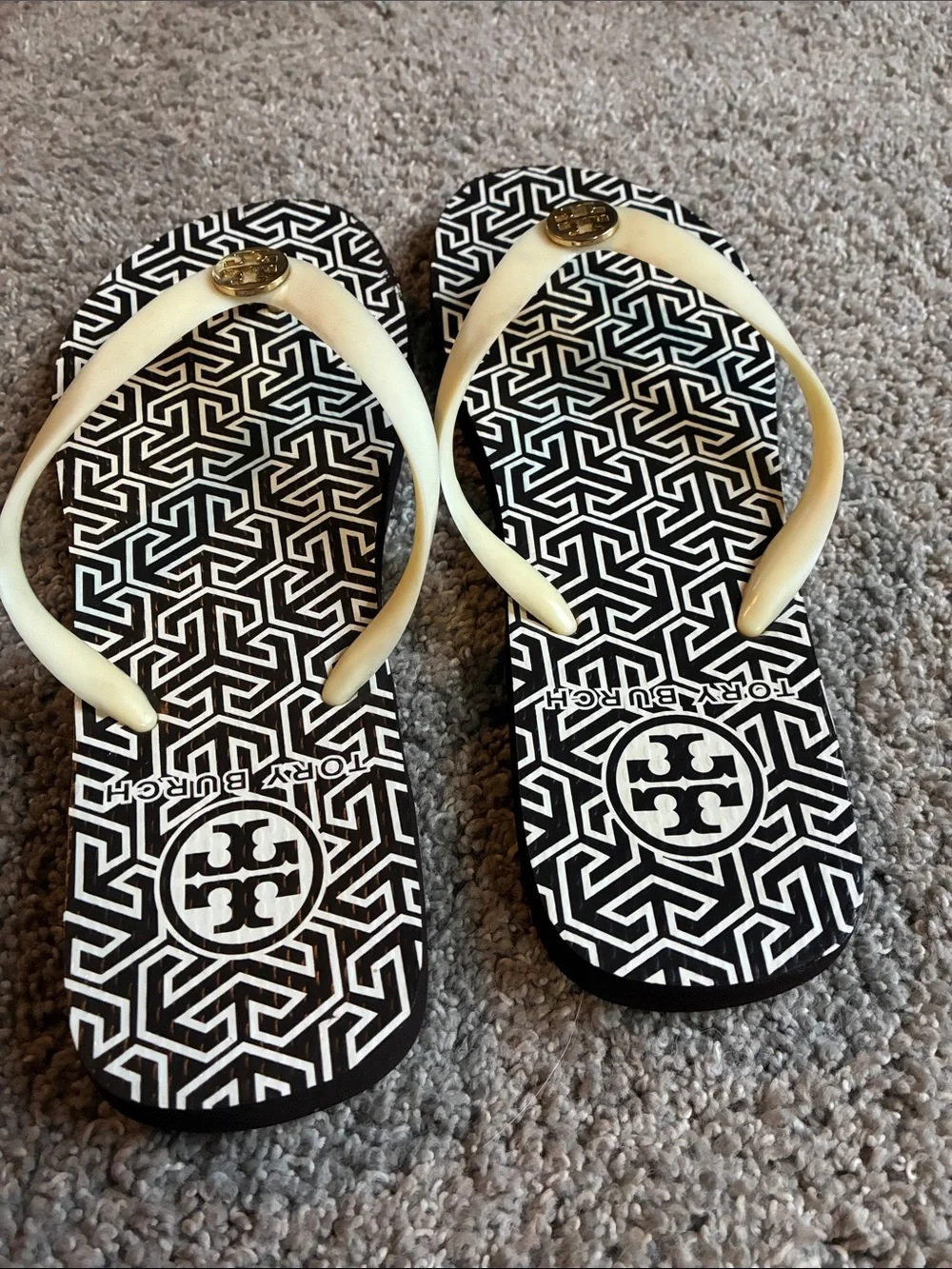 Tory Burch Black & Cream Geometric Logo Flip Flops